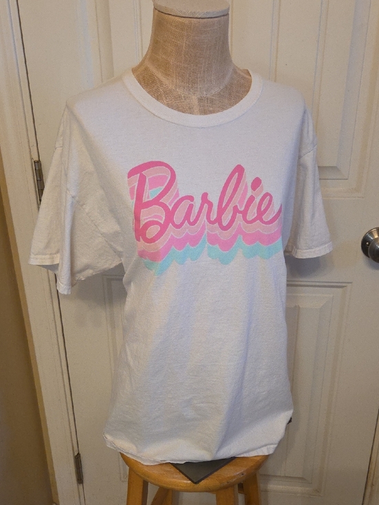 Barbie Tops - Barbie White Tee with Pink & Aqua Wave Script